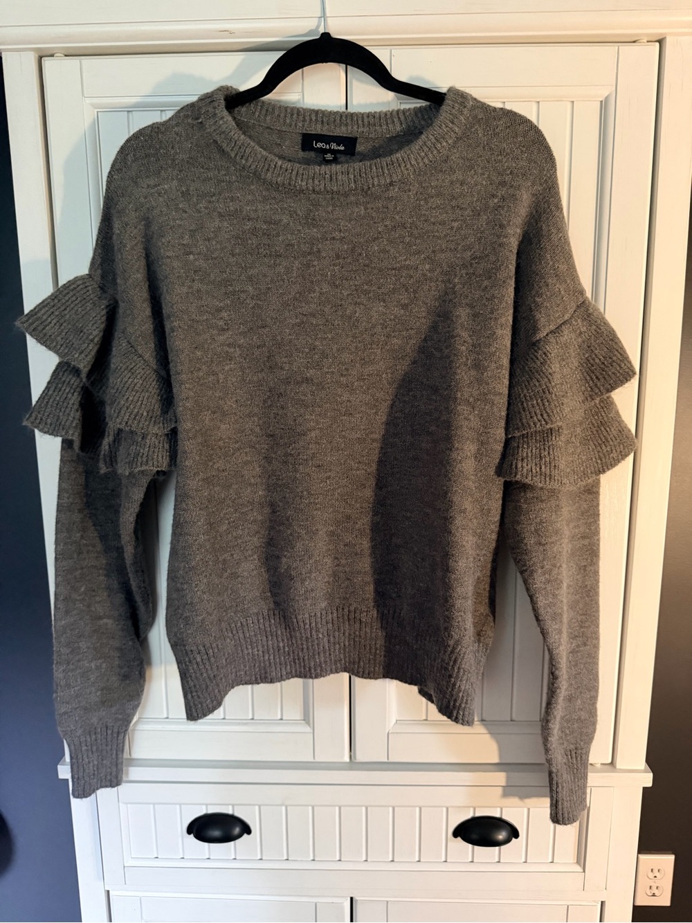 Luca + Danni Charcoal Gray Ruffle-Sleeve Crew Sweater